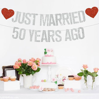 Silver Glitter Just Married 50 Years Ago Banner, NO DIY, Pre-Strung 50th - Image 6