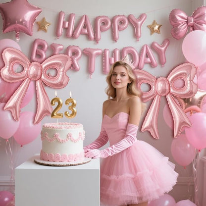 Bow Number 2 Birthday Balloons, 40” Pink Aluminum Foil Balloons Happy Birthday - Image 8