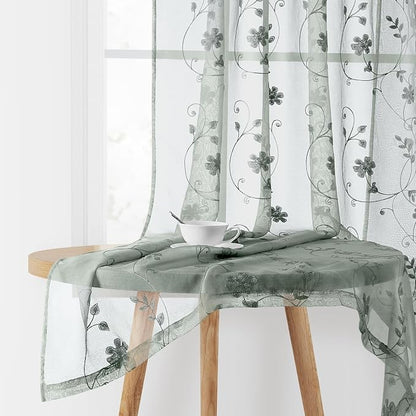 HOMEIDEAS Sage Green Sheer Curtains 84 Inches Long 2 Panels Embroidered Floral by HOMEIDEAS