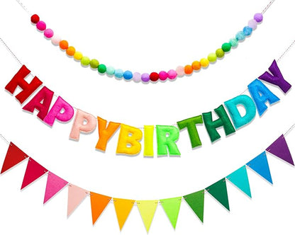 3 Pcs Pre-Strung Reusable Happy Birthday Banner, Handmade Wool Felt Ball Garland - Image 9