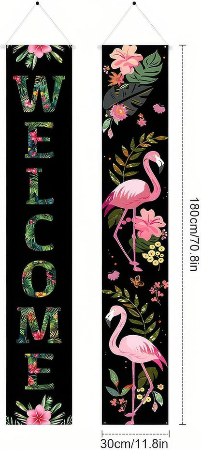 BlissYard 2pcs Black Pink Summer Door Banner Hawaiian Flamingo Porch Banners - Image 2