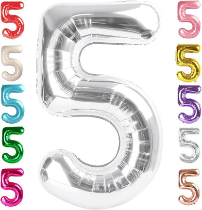 5 Balloon Numbers Birthday Decorations, 40In Silver Balloons by Mluchee