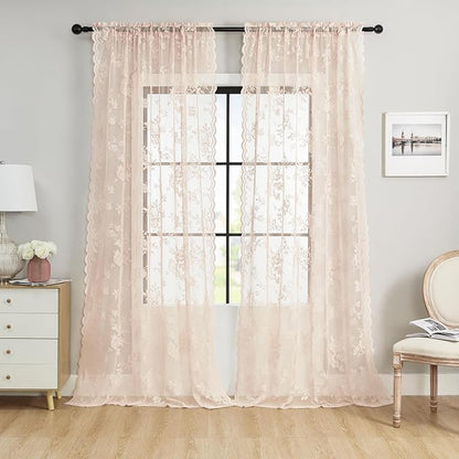 Blush Pink Lace Curtains 108 Inches Long 2 Panels Romantic Floral Sheer Curtains by SEEKRIGHTHomeDecor