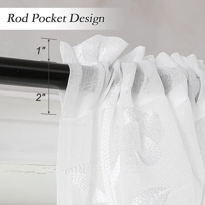 Kitchen Sheer Cafe Curtains Embroidered Leaves White 54Wx16L | Light Filtering - Image 3