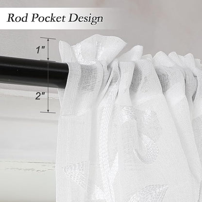 Kitchen Sheer Cafe Curtains Embroidered Leaves White 54Wx16L | Light Filtering - Image 3