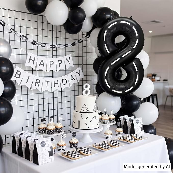 Black and White Stripes Number 8 Balloon 40 Inch, Road Theme Digit Decor | - Image 7