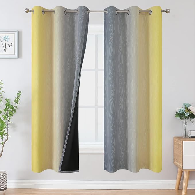 Ombre Grey and Yellow Blackout Curtains 72 Inch Length 2 Panels, Full Light by ESTELARTEXTILER