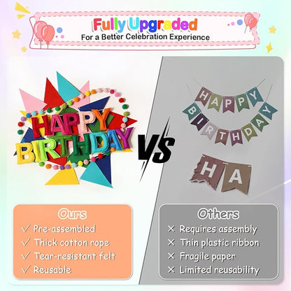 Rainbow 3D Happy Birthday Banner, Pre-Strung Felt Party Decorations | - Image 3