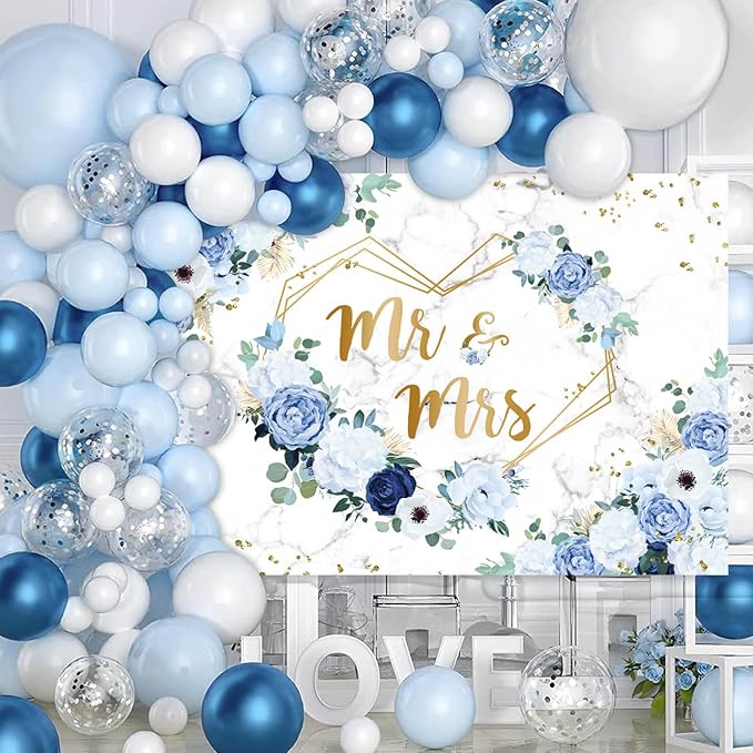 AIBIIN 7x5ft Blue Mr and Mrs Wedding Backdrop, Floral Hearts Geometric | Blue - Image 5
