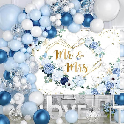 AIBIIN 7x5ft Blue Mr and Mrs Wedding Backdrop, Floral Hearts Geometric | Blue - Image 5