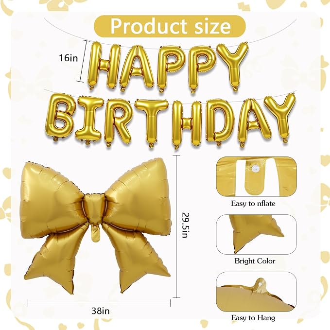 Vuzvuv Gold Happy Birthday Balloons, 38 Inches Huge Bow Aluminum Foil Balloons - Image 2