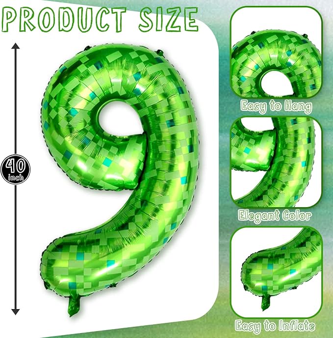 40 Inch Green Pixel Number 9 Balloon, Lime Green Large Foil Number Balloon 9th - Image 3