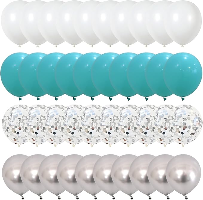 Balloons Teal Blue White Silver 12inch Mettalic Chrome Silver Confetti Balloon - Image 7