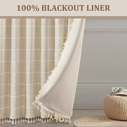 Boho Blackout Plaid Curtains 84 Inch Drapes Linen Blend 2 Panels | Vintage - Image 3