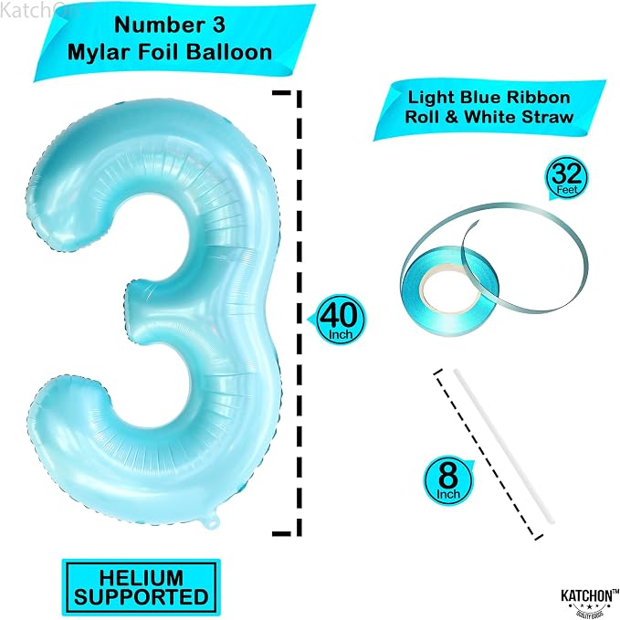 KatchOn Light Blue Number 3 Balloon 40 Inch | Blue 3 Balloon Number - Image 4