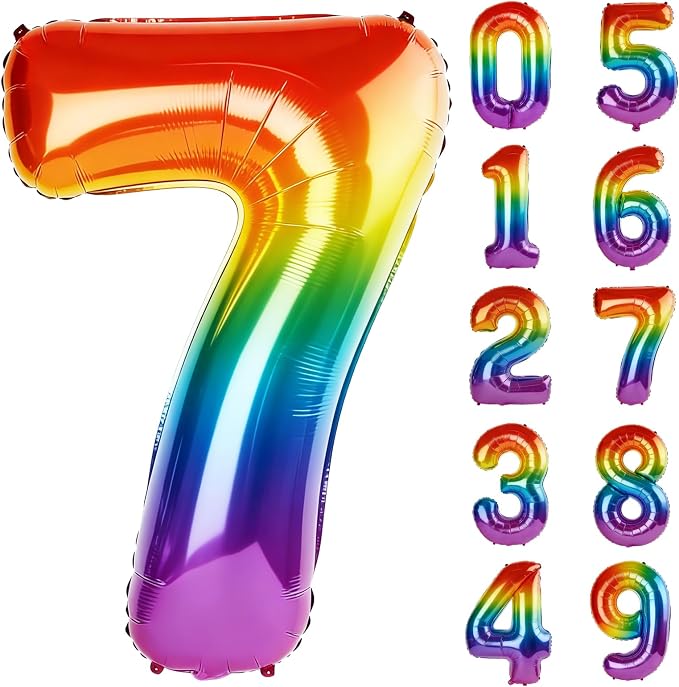 40 Inch Number 7 Balloons for 7th Birthday Party Decorations, 0-100 Rainbow by FOBELEC