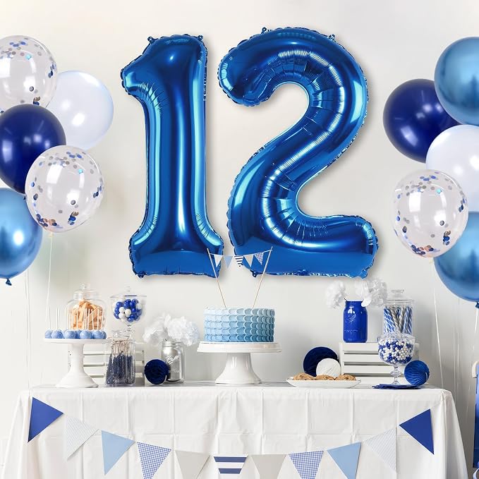 Navy Blue 12th Birthday Giant Self Inflating Number 12 Balloon, Metallic Dark - Image 5