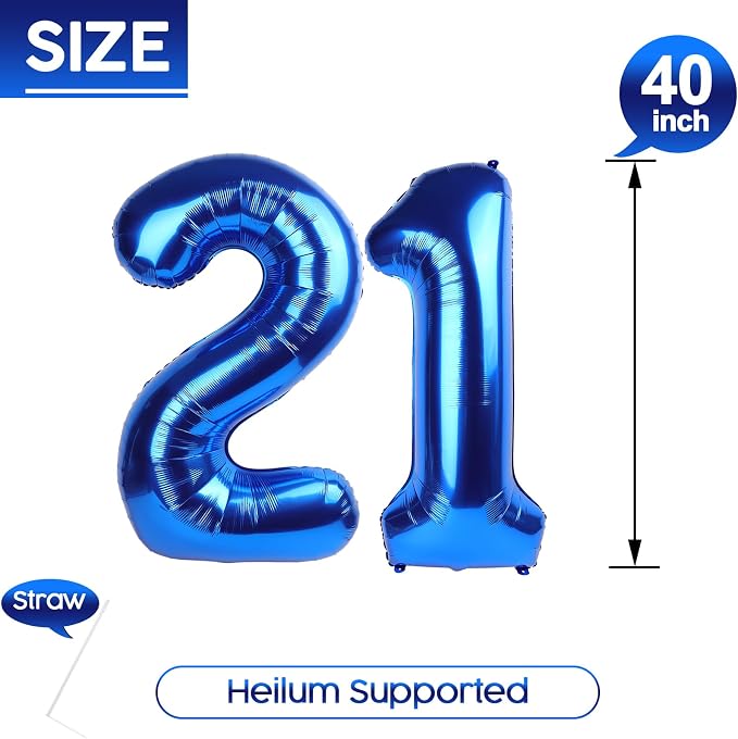 21 Balloon - Metallic Blue Birthday Number Balloons, 40 Inch Decorations | - Image 5