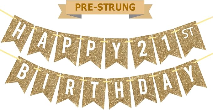 Netnology Pre-Strung Gold Glitter 21st Happy Birthday Banner Decorations | 12 by Netnology