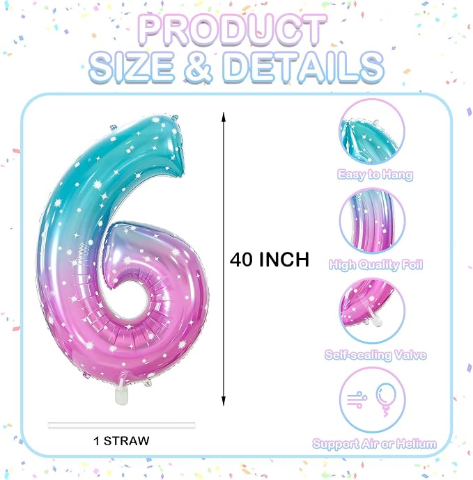 Number 6 Foil Balloon with Crown, 40-Inch Gradient | Gradient star print number - Image 3