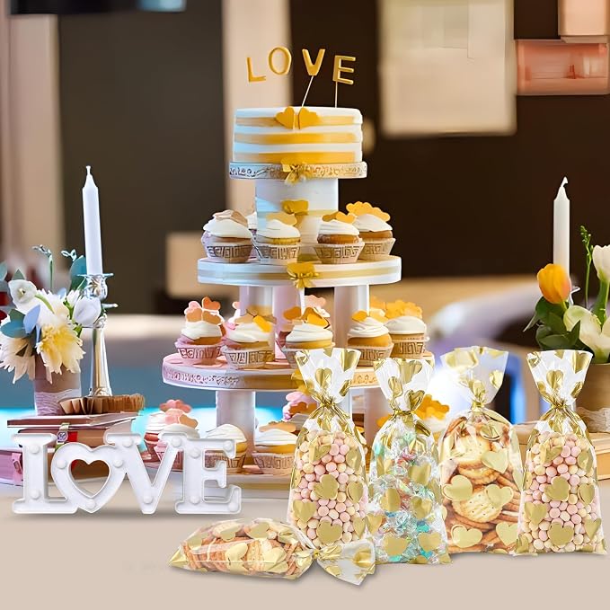 COQOFA 100 Pcs 6X10 IN Gold Heart Cello Cellophane Treat Bags Gift Party Favor - Image 5