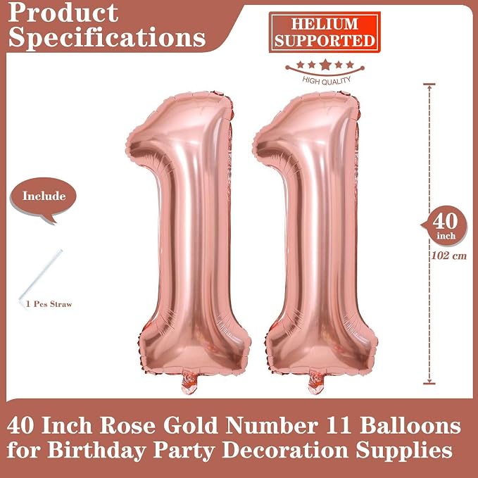 Rose Gold 11 Number Balloons, 40 Inch Giant Number 11 Balloons Foil Mylar - Image 2