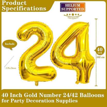 Gold 24 Number Balloons, 40 Inch Giant Number 24 Balloons Foil Mylar Helium - Image 2