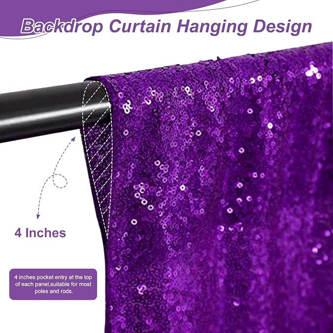 Purple Sequin Backdrop 2 Pcs 5FTx10FT Wedding Glitter Curtain Backdrop Arch - Image 4