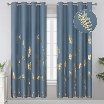 Stone Blue Blackout Curtains for Bedroom, Room Darkening Gold Palm Tree Pattern by ESTELARTEXTILER