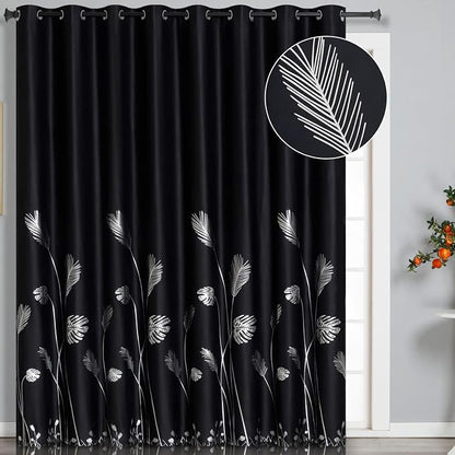 Wide Blackout Curtain for Sliding Door 100W x 96L Inch Silver Print Palm by ESTELARTEXTILER