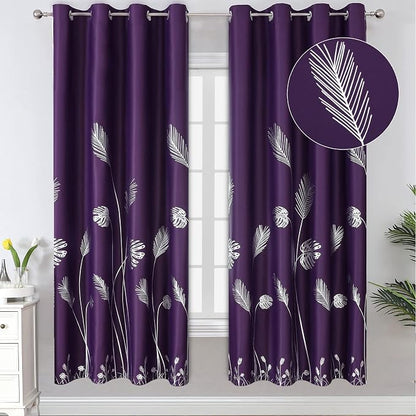 Purple Blackout Curtains for Bedroom, Room Darkening Silver Palm Tree Pattern by ESTELARTEXTILER