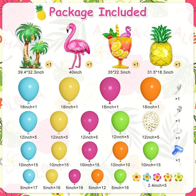 189Pcs Tropical Balloons Arch Kit, Luau Summer Party Decorations | Hot Pink - Image 2