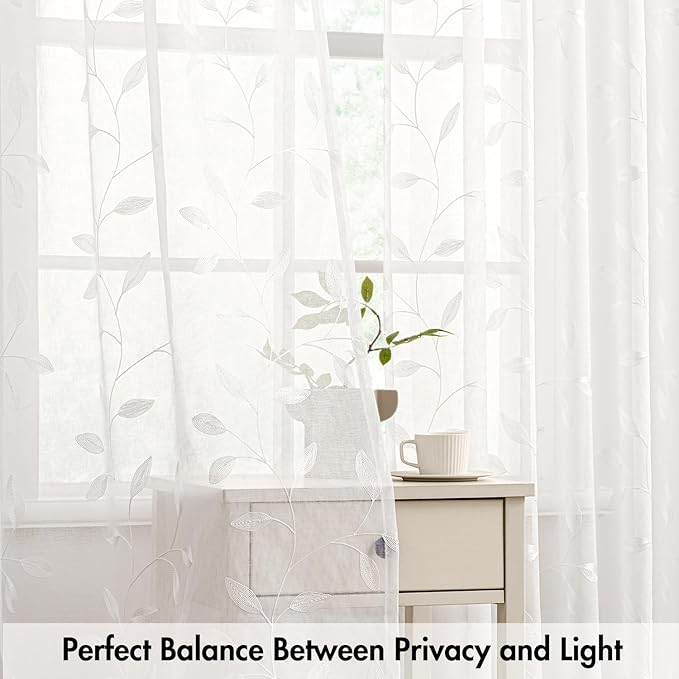 MIULEE White Sheer Curtains 2 Panels Embroidered Leaf Patterned, W52 x L96 | - Image 5