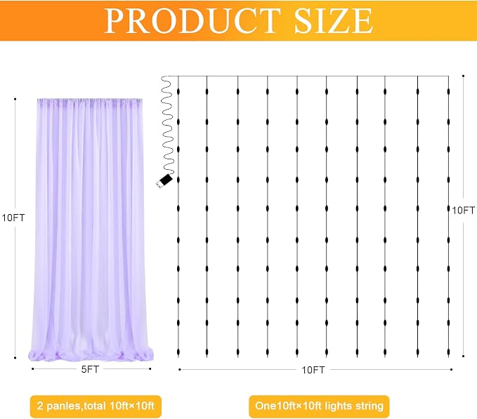 Tulle Backdrop Curtains with Lights Lavender 10x10ft Sheer Curtain Backdrop | - Image 2