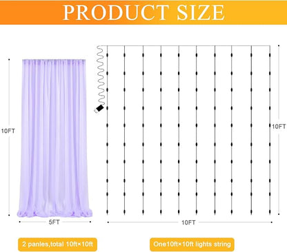 Tulle Backdrop Curtains with Lights Lavender 10x10ft Sheer Curtain Backdrop | - Image 2