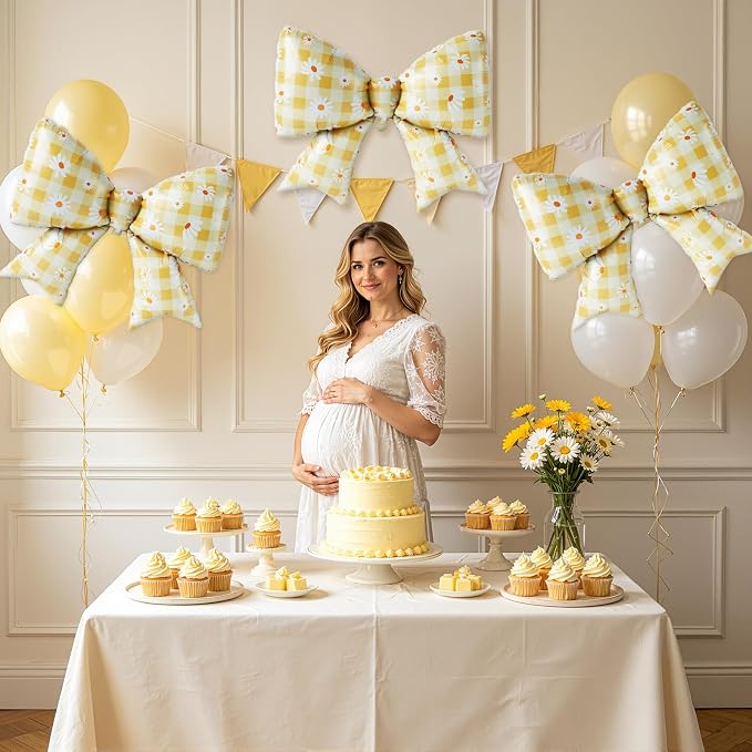 4 PCS Daisy Bow Balloons, Large Yellow Gingham Coquette Foil Balloon Set | - Image 6