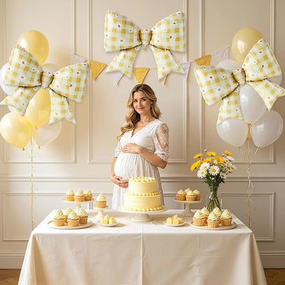 4 PCS Daisy Bow Balloons, Large Yellow Gingham Coquette Foil Balloon Set | - Image 6