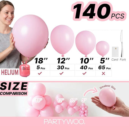 PartyWoo Baby Pink Balloons 140pcs Pastel Pale Pink Color 18 12 10 5 Inch | 18 - Image 6