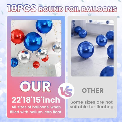 10Pcs Red and Blue Round Foil Balloons, Metallic Silver Red Blue Foil Baloon - Image 3