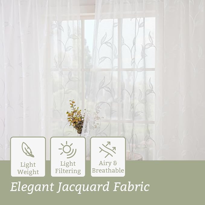 White Sheer Curtains Boho Leaf Floral Embroidered 54Wx55L | Light Filtering - Image 3
