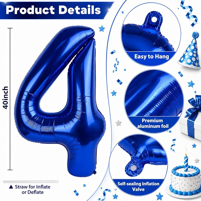 40 Inch 4 Balloons, Large Navy Blue Number 4 Balloon - Image 2
