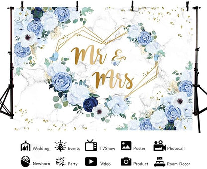 AIBIIN 7x5ft Blue Mr and Mrs Wedding Backdrop, Floral Hearts Geometric | Blue - Image 4
