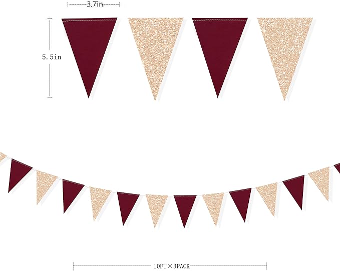 Burgundy Party Decorations Maroon Champagne Gold Triangle Banner Flag Bunting - Image 2