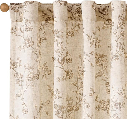 Extra Long Taupe Vintage Floral Linen Curtains Farmhouse 2 Panels | Elisa by Lazzzy