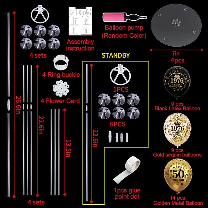 TONIFUL 4 Set 70th Birthday Decor Printed 1956 Black Gold Balloon Stand | - Image 2