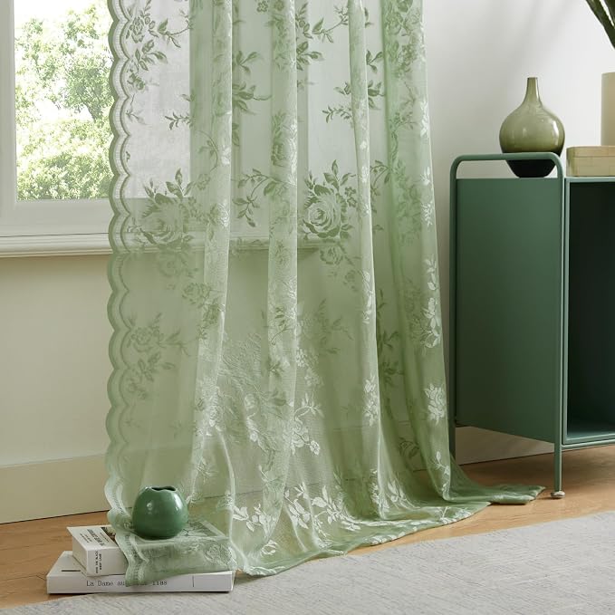 Sage Green Lace Curtains 63 Inch Length 2 Panels Set Country Rustic Floral Lace - Image 6
