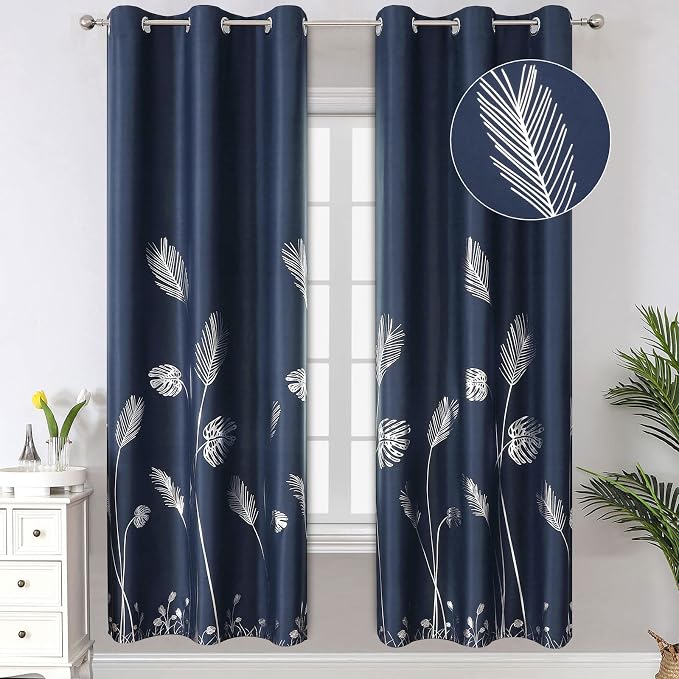Blackout Curtains with Silver Palm Tree Thermal Insulated Elegant Natural Leaf by ESTELARTEXTILER