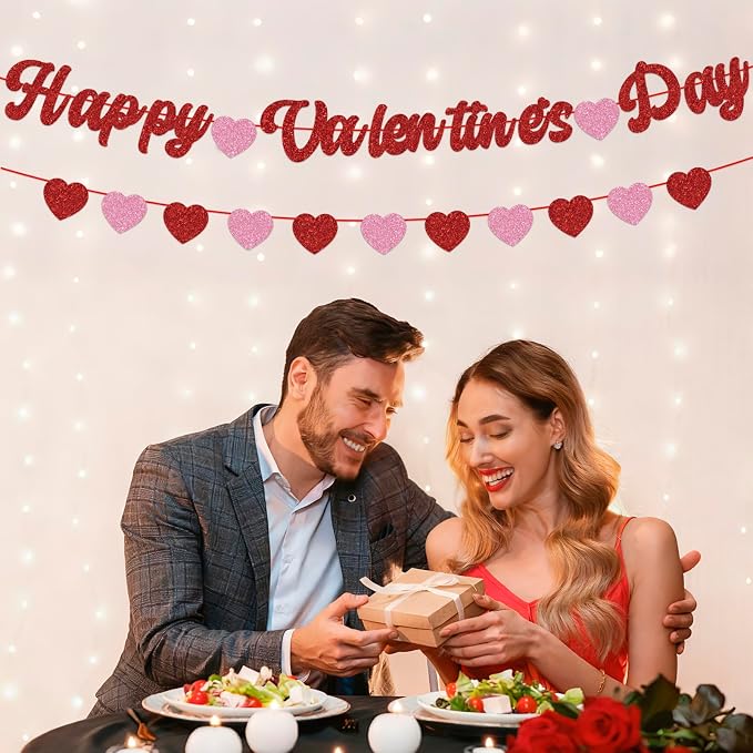 Happy Valentines Day Banner Glitter Valentines Banner Red Pink Heart Garland - Image 6