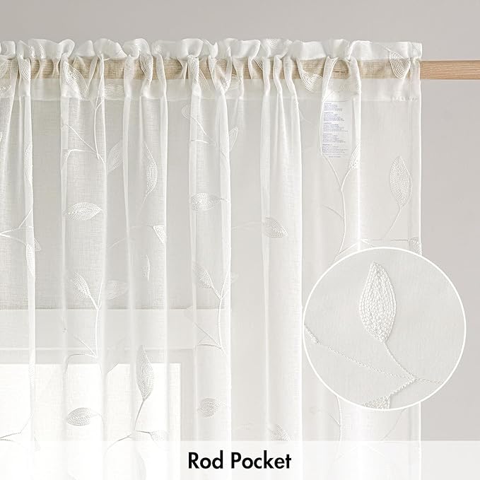 MIULEE Ivory Sheer Curtains 2 Panels Embroidered Leaf Patterned, W52 x L45 | - Image 6