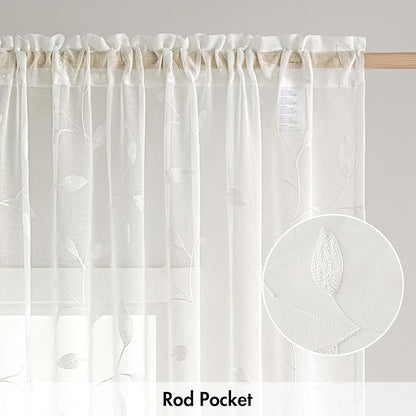 MIULEE Ivory Sheer Curtains 2 Panels Embroidered Leaf Patterned, W52 x L54 | - Image 6